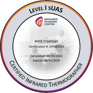 Infrared Training Center Level I sUAS Certified Infrared Thermographer certification issued to Amit Freeman, certification number 197883015, completed 30 August 2024, expiring 31 August 2029
